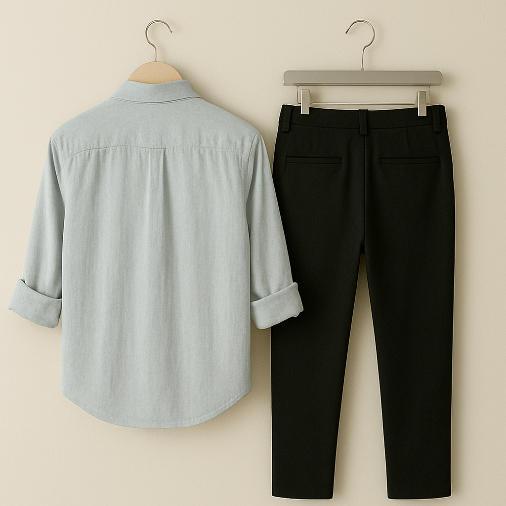 Men Grey Two Deer Embroidery Shirt Black Pant