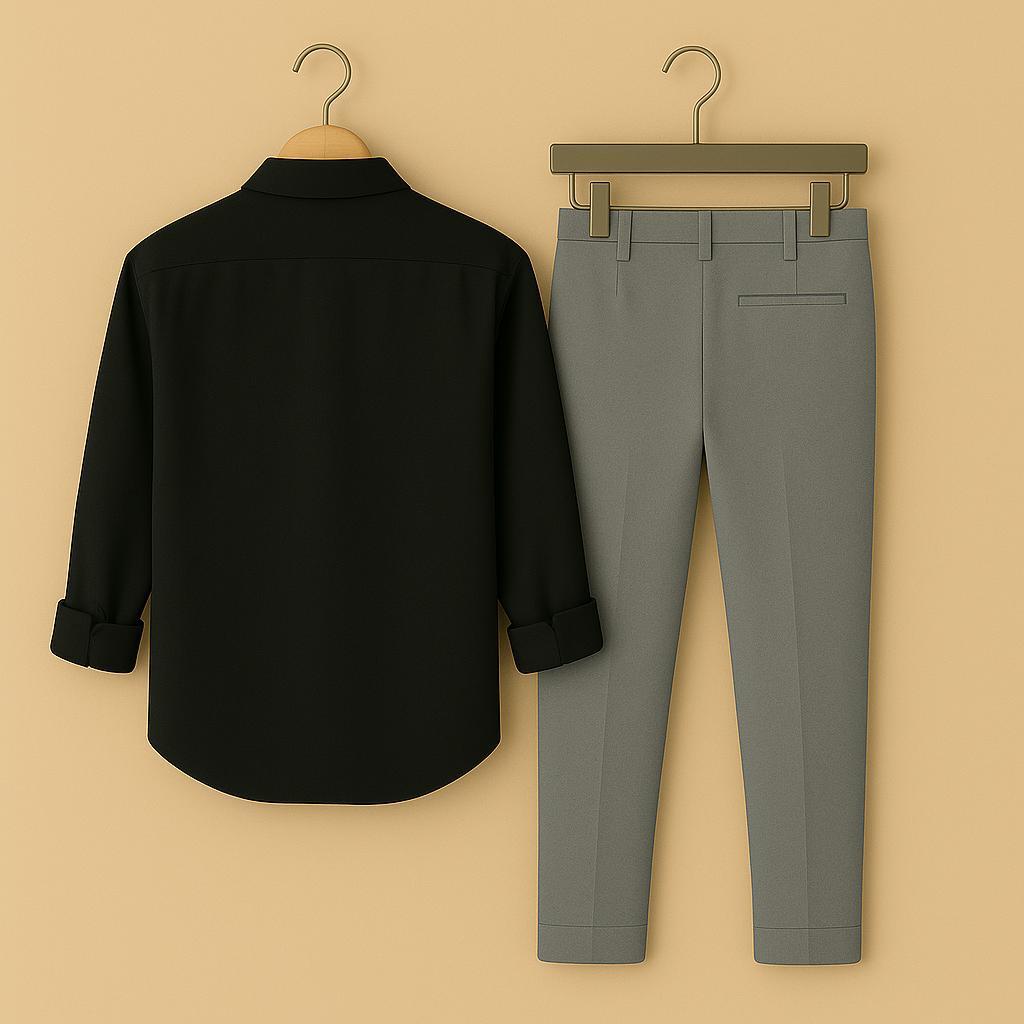 Men's Classic Black Equestrian Embroidered Shirt & Grey Trouser Set