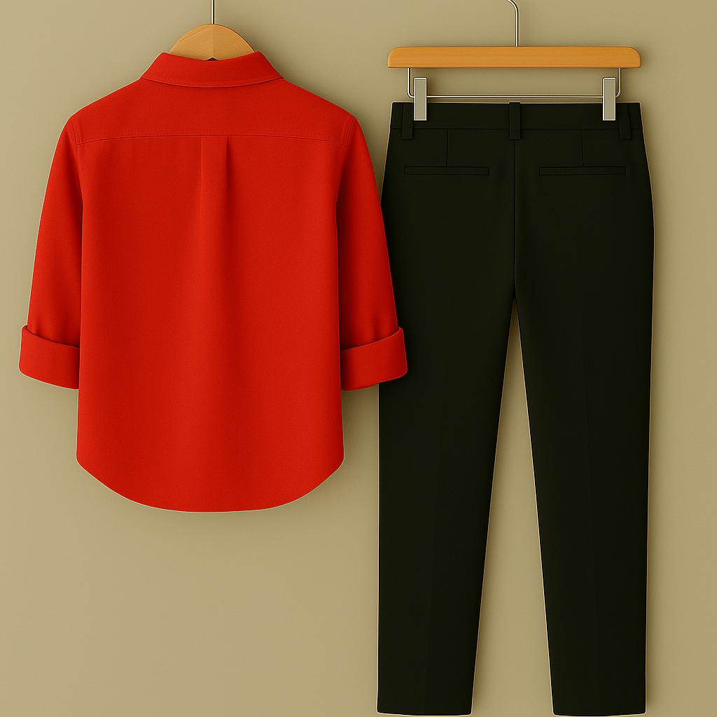 Men's Vibrant Red Embroidered Golfer Shirt & Black Trouser Set