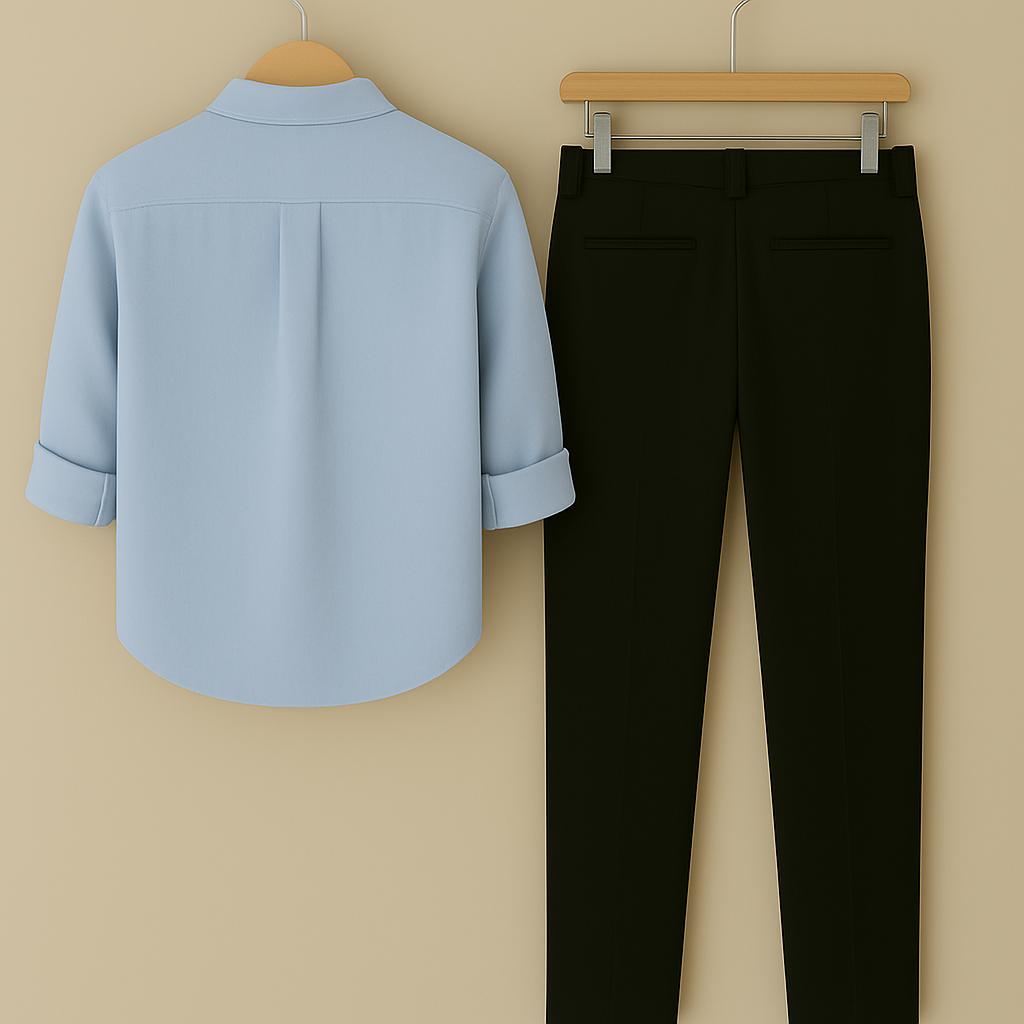 Men's Sky Blue Leaping Leopard Logo Embroidered Shirt & Black Trouser Set