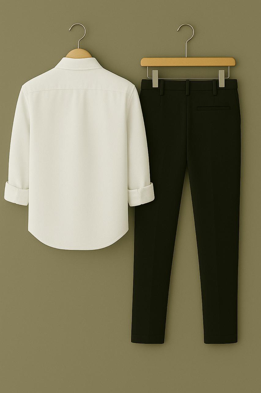 Men's Classic White Leaping Leopard Logo Embroidered Shirt & Black Trouser Set