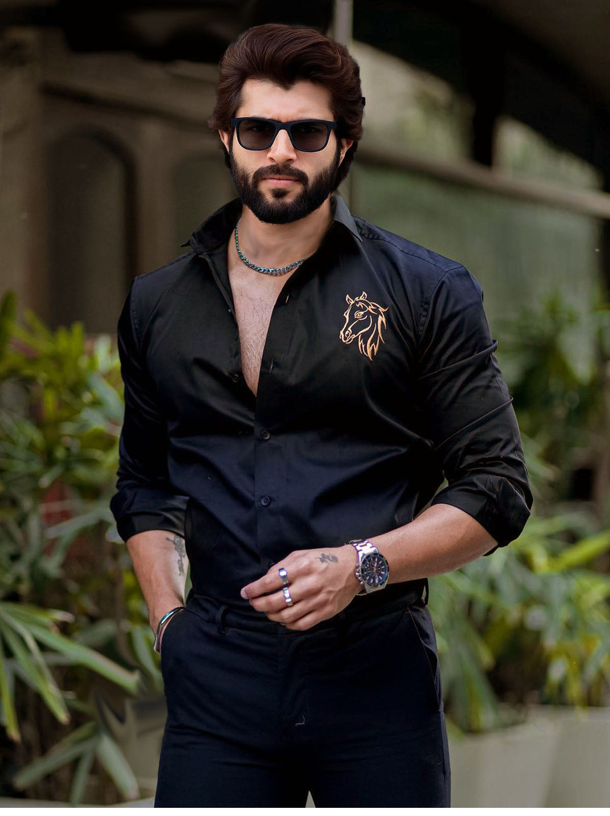 Horse Embroidered Black Luxury Shirt