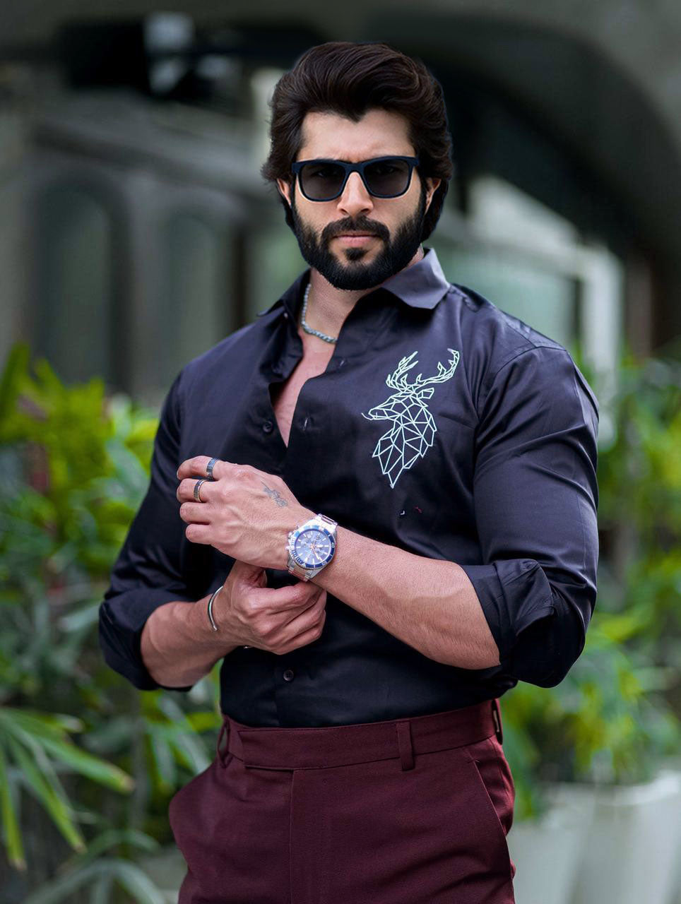 Deer Embroidered Black Luxury Shirt