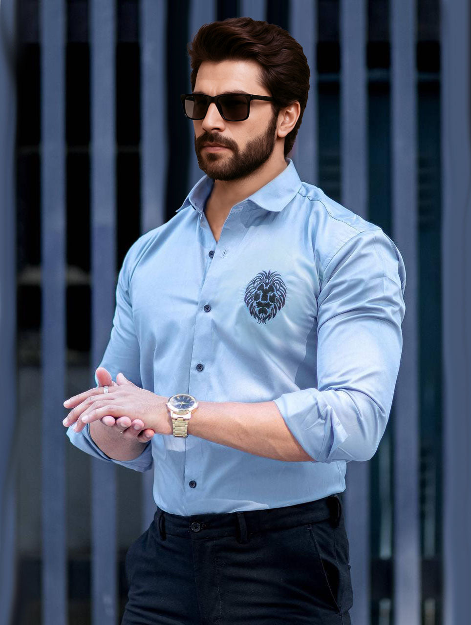 Lion Embroidered Sky Luxury Shirt