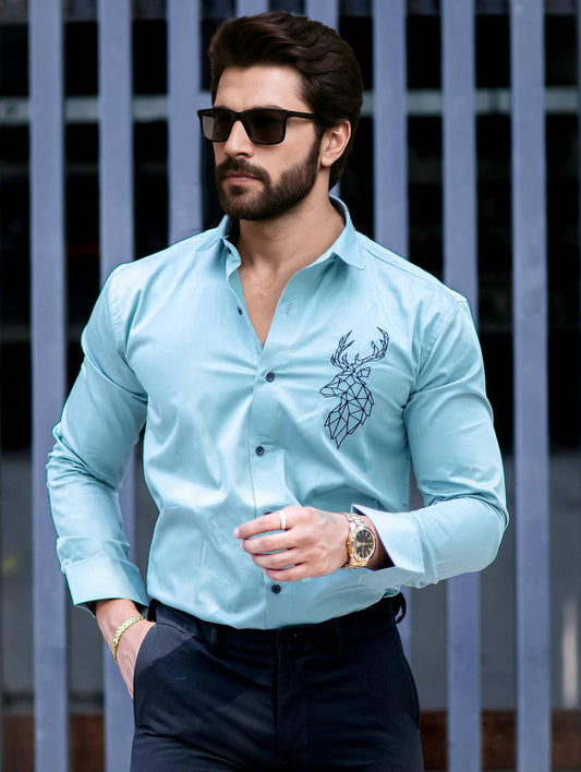Deer Embroidered Mint Green Luxury Shirt