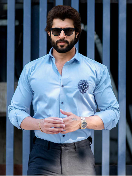 Lion Embroidered Sky Luxury Shirt