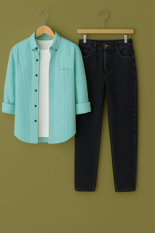 Sky Stripe On White Cotton Shirt Jeans Pant Combo