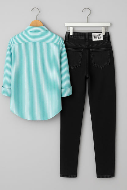 Sky Stripe On White Cotton Shirt Jeans Pant Combo