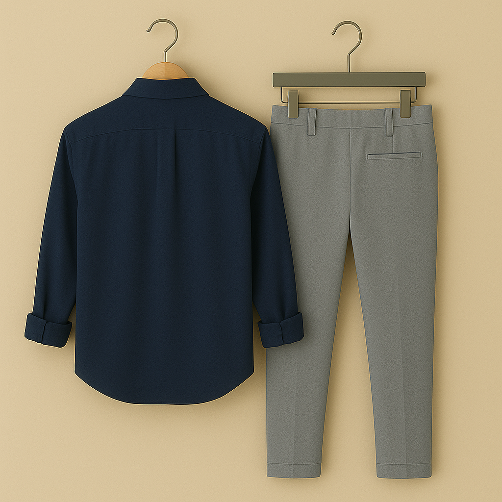 Men Blue Square Embroidery Shirt Grey Pant