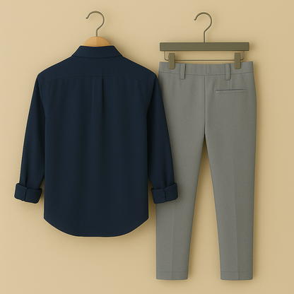 Men Blue Square Embroidery Shirt Grey Pant