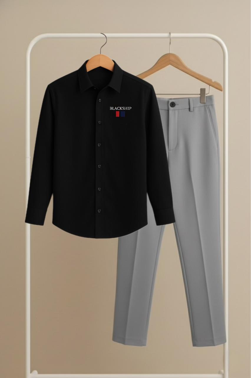 Black – Grey Premium Shirt & Pant Combo (BLACKSHIP Red Blue Logo)