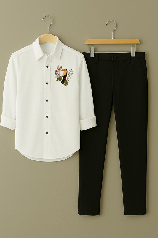 Men's Classic White Tropical Toucan Embroidered Shirt & Trouser Set