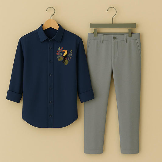 Men's Navy Blue Tropical Toucan Embroidered Shirt & Grey Trouser Set