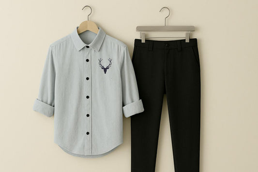 Men's Light Grey Embroidered Stag Shirt & Trouser Set