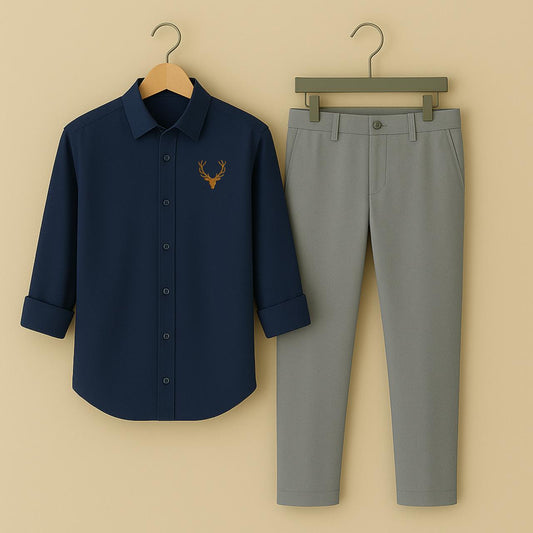 Men's Navy Blue Embroidered Stag Shirt & Grey Trouser Set