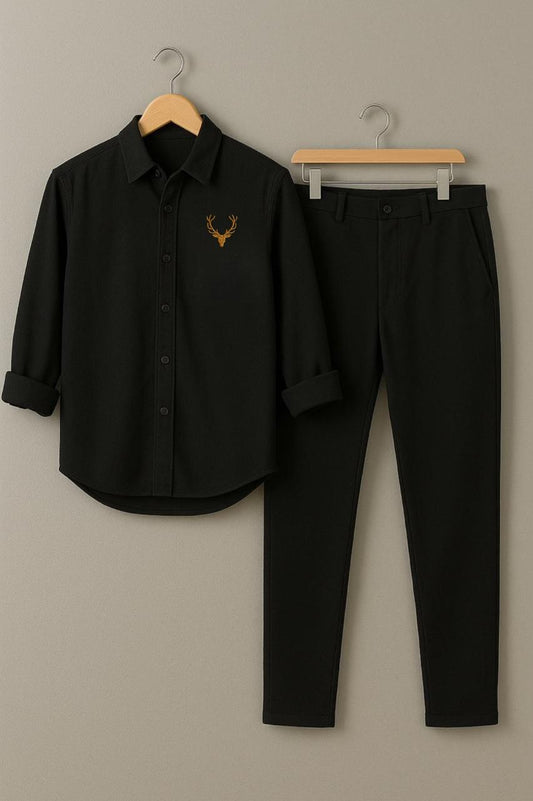Men's Classic Black Embroidered Stag Shirt & Trouser Set