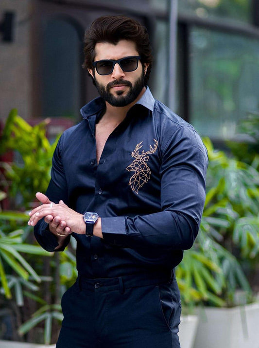 Deer Embroidered Black Luxury Shirt