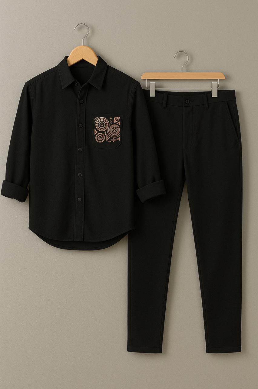 Men Black Mandala Embroidery Shirt Black Pant