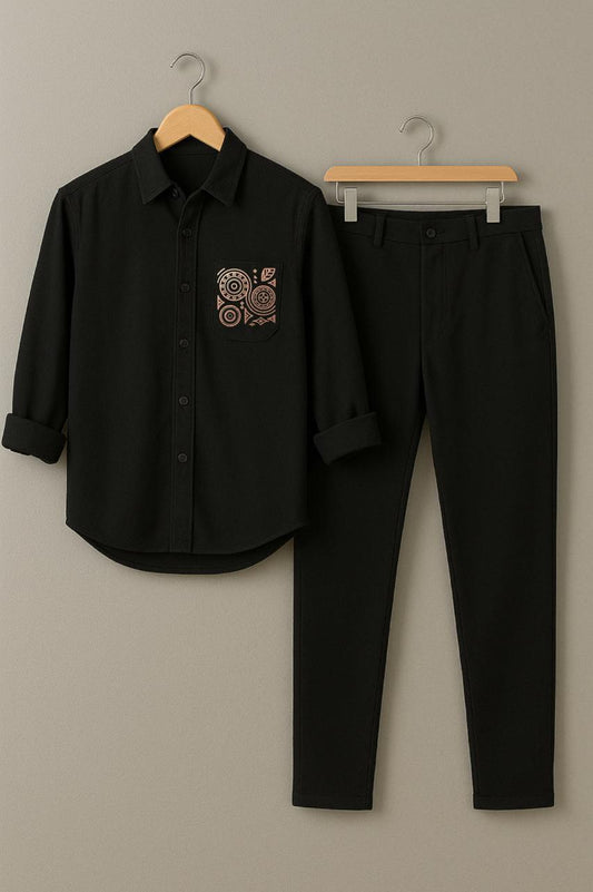 Men Black Mandala Embroidery Shirt Black Pant