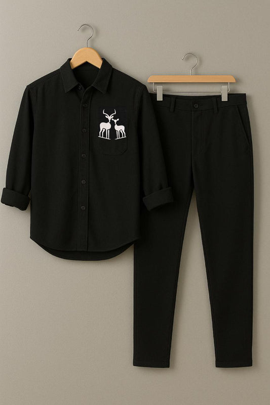 Men Black Two Deer Embroidery Shirt Black Pant