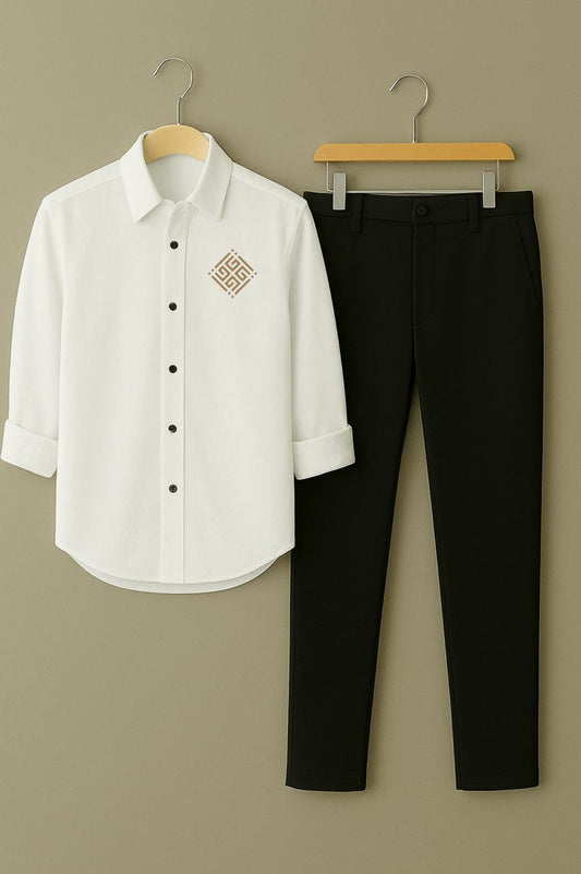 Men White Square Embroidery Shirt Black Pant