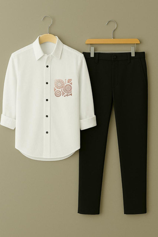 Men White Mandala Embroidery Shirt Black Pant