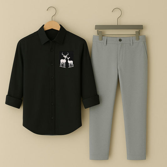 Men Black TwoDeer Embroidery Shirt Grey Pant
