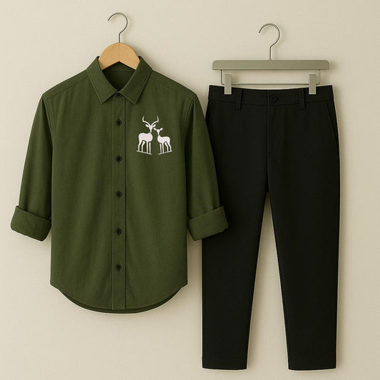 Men Green Two Deer Embroidery Shirt Black Pant