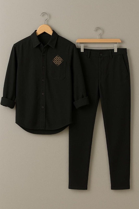 Men Black Square Embroidery Shirt Black Pant
