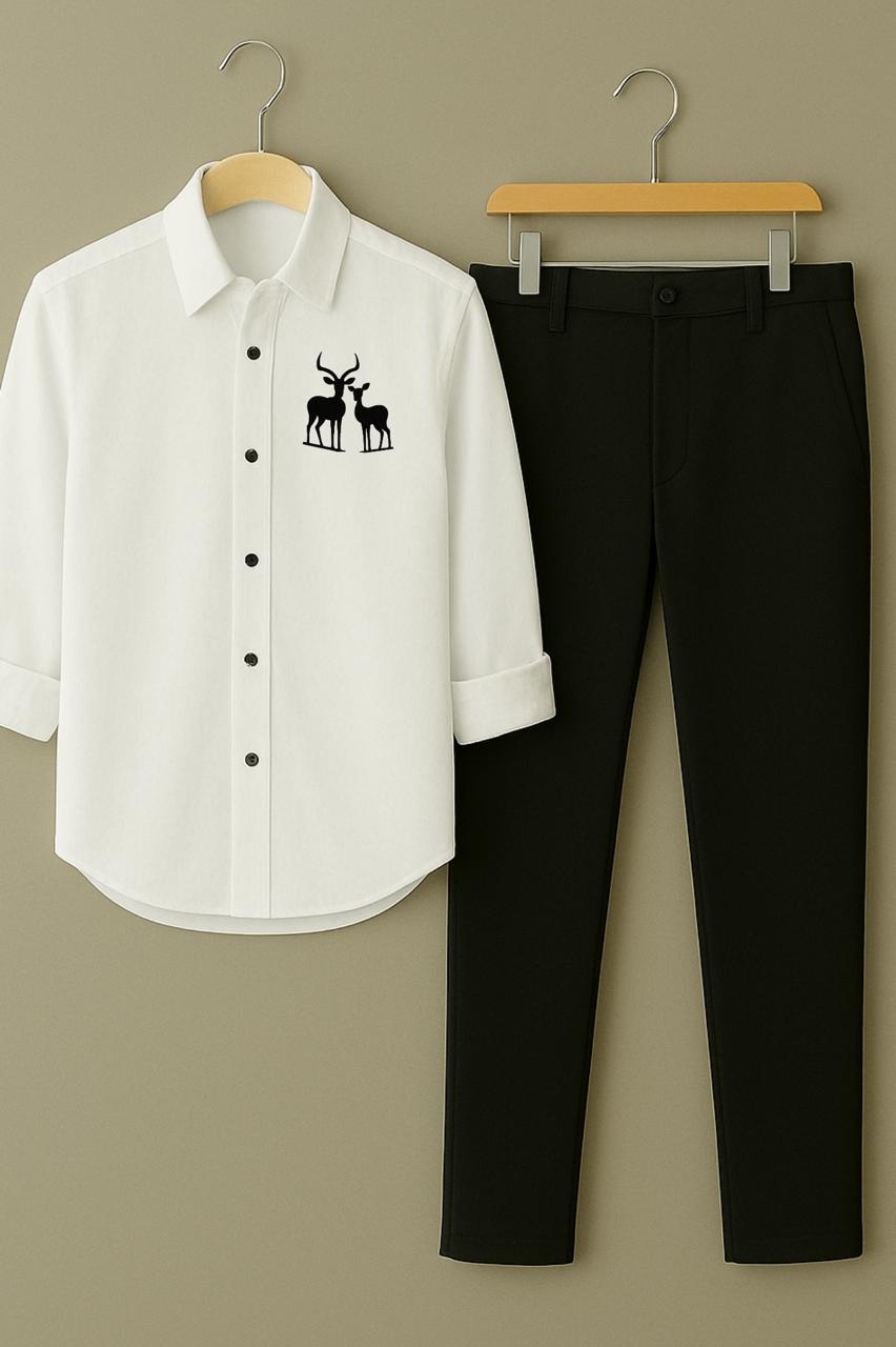 Men White Two Deer Embroidery Shirt Black Pant