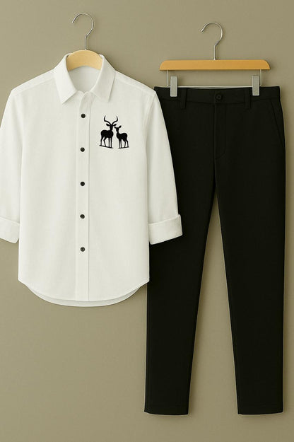 Men White Two Deer Embroidery Shirt Black Pant
