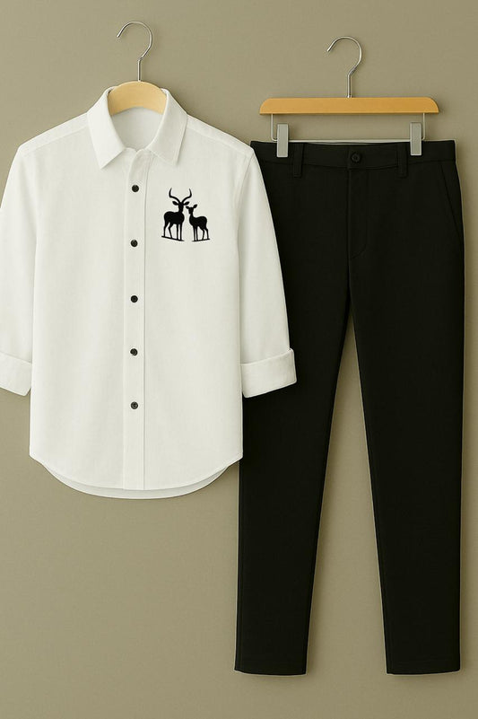 Men White Two Deer Embroidery Shirt Black Pant