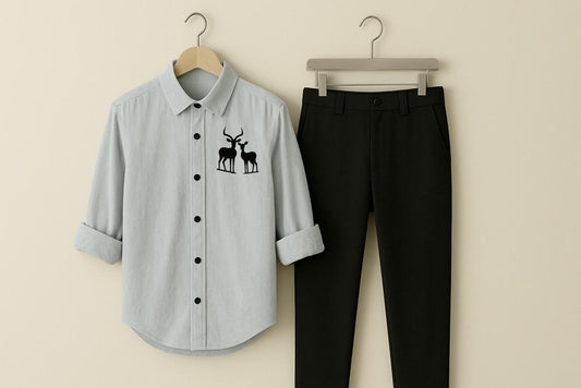 Men Grey Two Deer Embroidery Shirt Black Pant