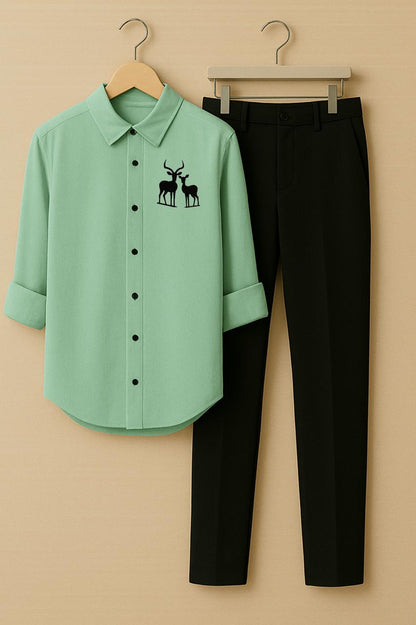 Men Pista Two Deer Embroidery Shirt Black Pant