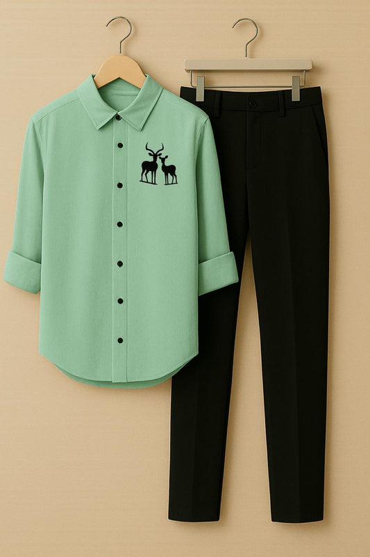 Men Pista Two Deer Embroidery Shirt Black Pant