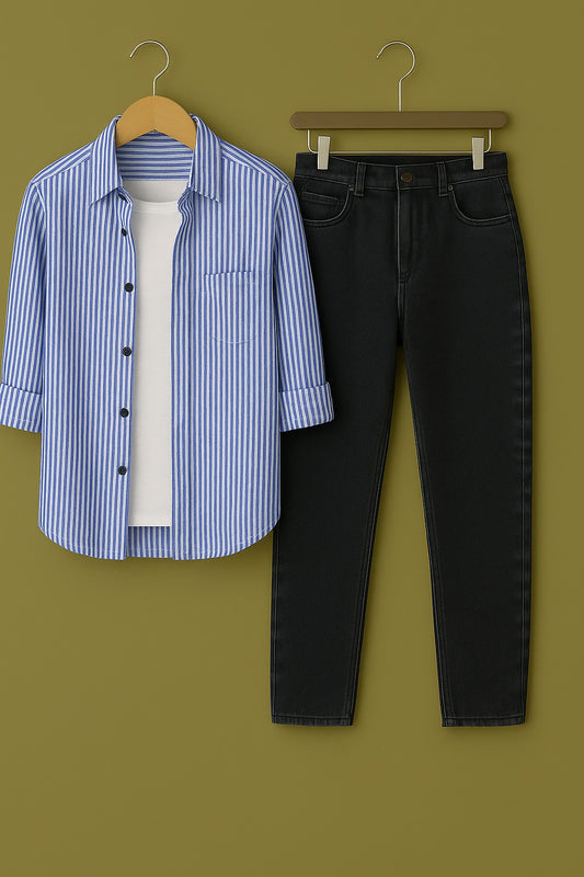 Blue Stripe On White Cotton Shirt Jeans Pant Combo