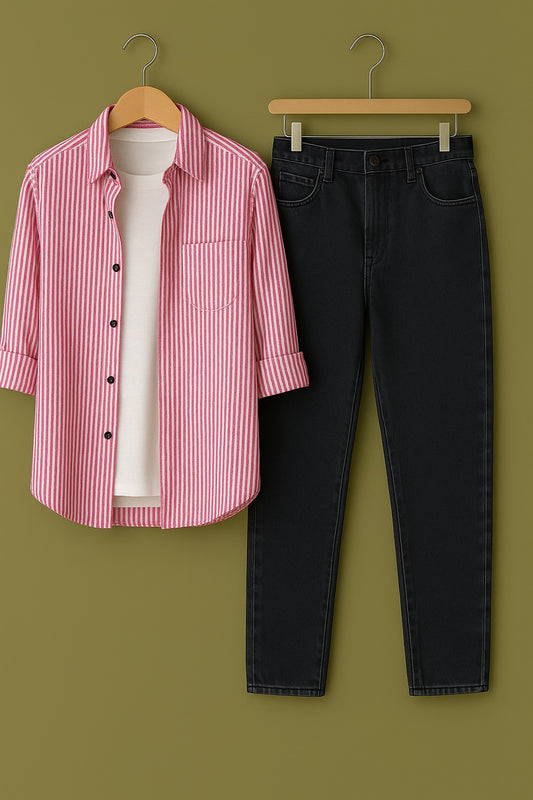Pink Stripe On White Cotton Shirt Jeans Pant Combo
