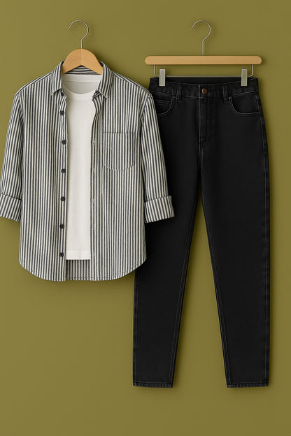 Black Stripe On White Cotton Shirt Jeans Pant Combo