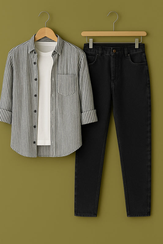 Black Stripe On White Cotton Shirt Jeans Pant Combo
