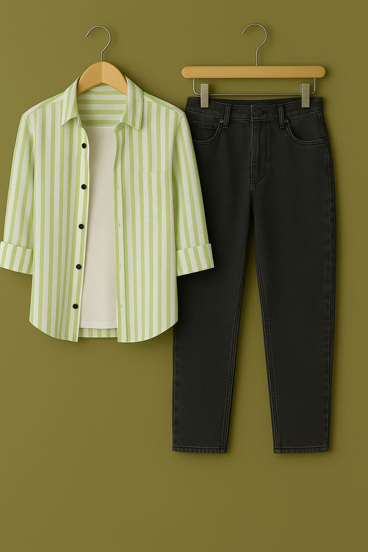Pure cotton Light green stripe shirt Jeans combo for men