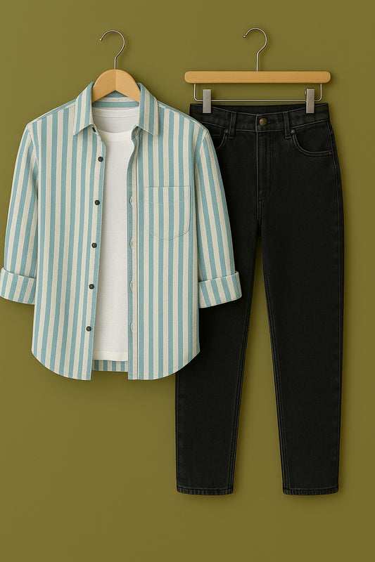 Pure cotton Sky stripe shirt Jeans combo for men