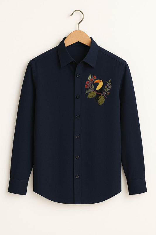 Multi Sparrow Embroidered Navy Blue Luxury Shirt