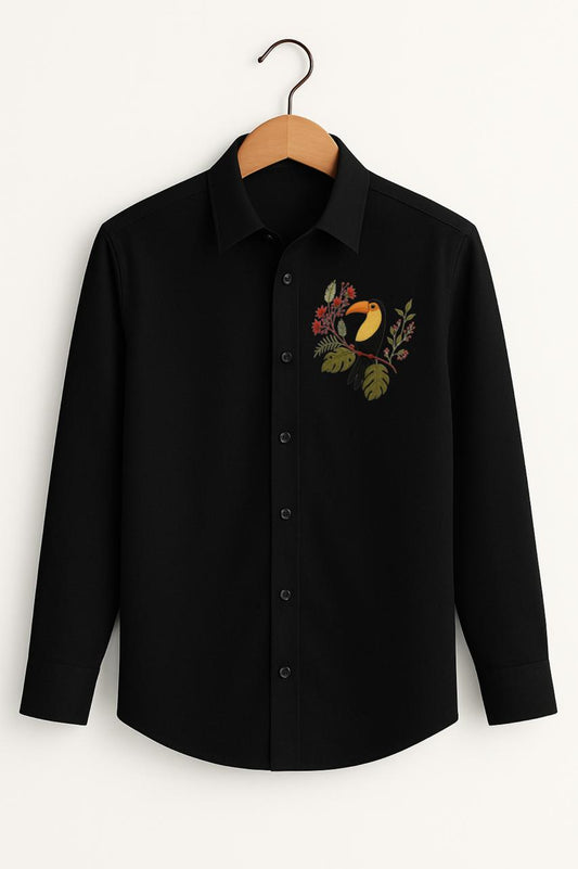 Multi Sparrow Embroidered Black Luxury Shirt