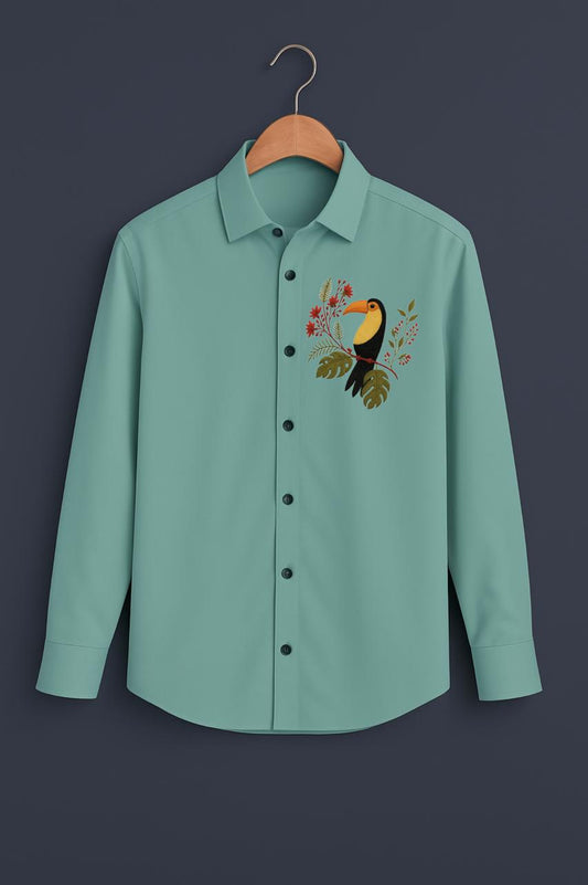 Multi Sparrow Embroidered Mint Green Luxury Shirt