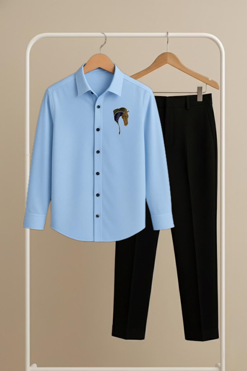 Sky–Black “Multi Horse Embroidery” Premium Shirt & Trouser Combo