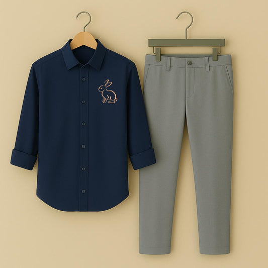 Men Blue Rabbit Embroidery Shirt Grey Pant