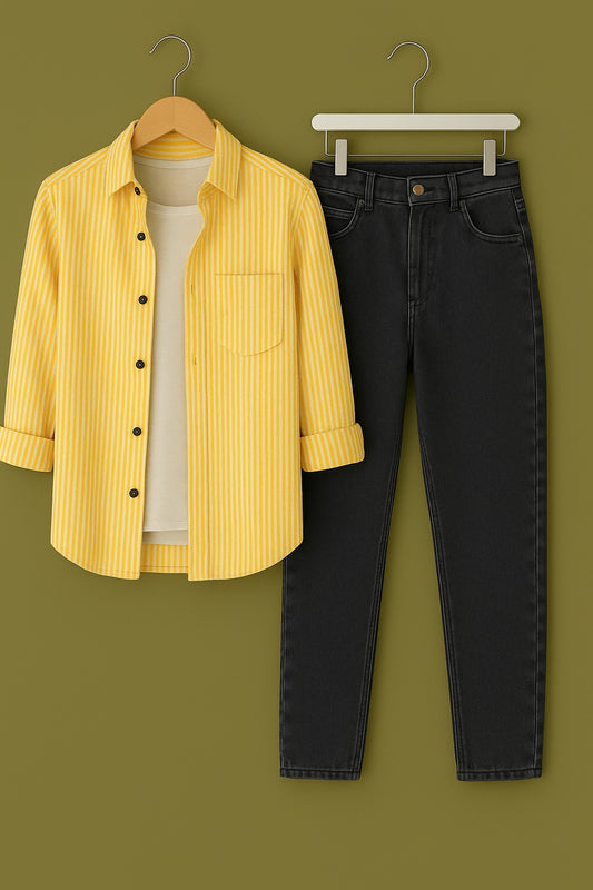 Yellow Stripe On White Cotton Shirt Jeans Pant Combo