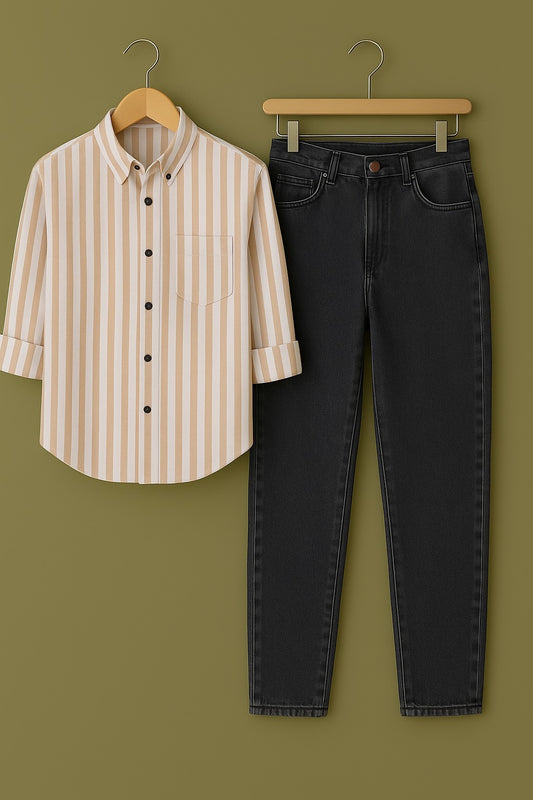 Pure cotton Light Brown stripe shirt Jeans combo for men