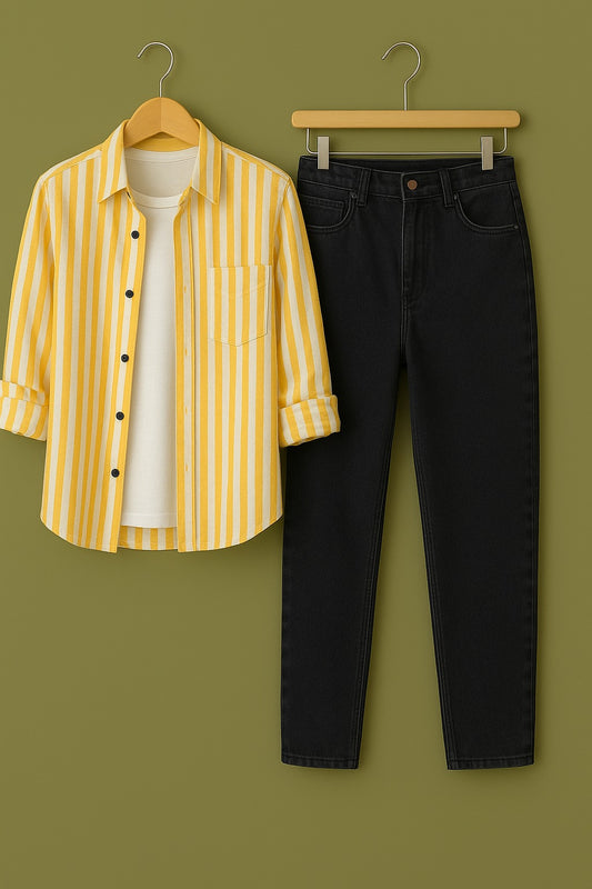 Pure cotton light yellow stripe shirt Jeans combo for men