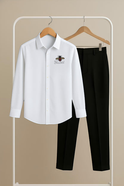 White–Black “Gucci Bee” Premium Formal Shirt & Pant Combo